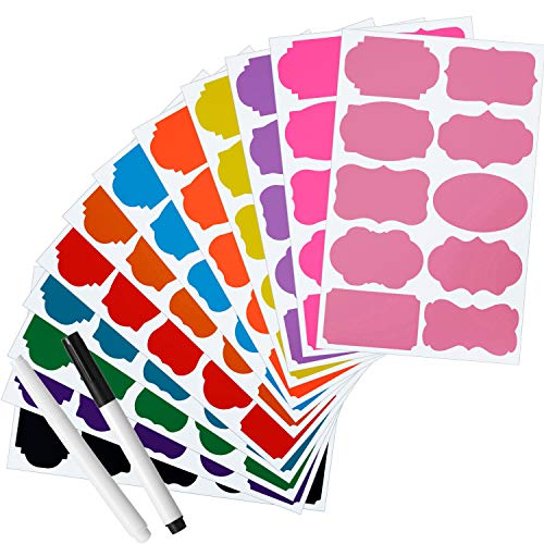 12 Color Chalkboard Labels Stickers Waterproof Removable Reusable Chalkboard Stickers with 2 Erasable Chalk, Colored Chalk Board Jar Labels for Mason Jars Glass Bottle Parties Offices (120 Pieces)
