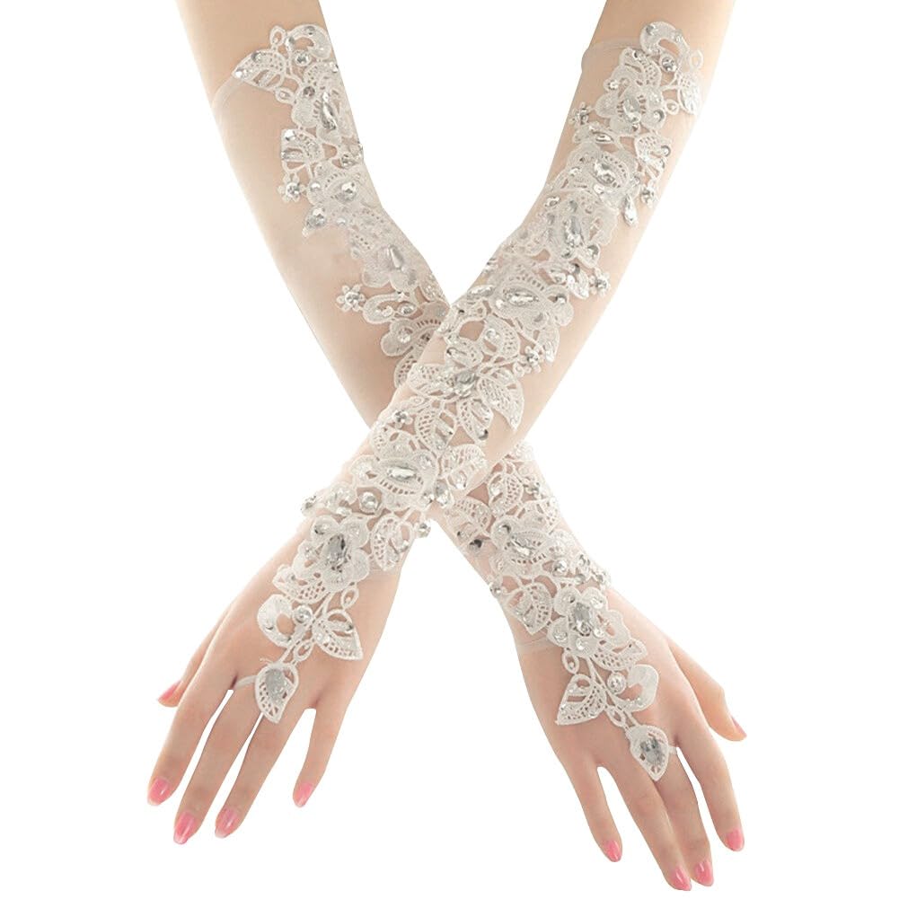 Danlai Ivory Long Wedding Lace Gloves For Bride Fingerless Gloves Crystal Opera Lace Bridal Gloves Wedding Accessories