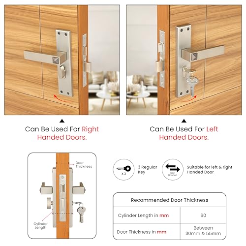 Image of LAPO Mortise Door Lock for Home Main Door & Bedroom with Handle - 45x45mm Body - 3 Brass Keys - Heavy-Duty 60mm Cylinder - Left-Right Fit 30-50mm Door Home Office Hotel | Matt Finish | CY-132