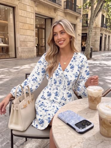 Image of Dokotoo Womens Dresses Boho Floral V Neck Long Sleeve Smocked Elastic Waist Casual A-Line Mini Dress Sundress