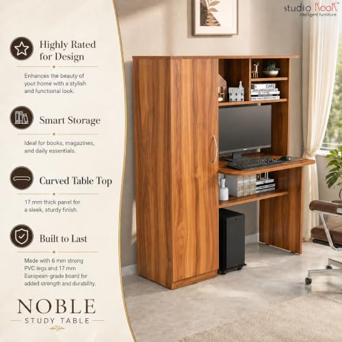 Image of Studio Kook Noble Study and Computer Table with Storage, Amber Walnut | Space-saving engineered wood desk with enclosed cabinet, open shelves and overhead storage. Ideal for study or computer use.