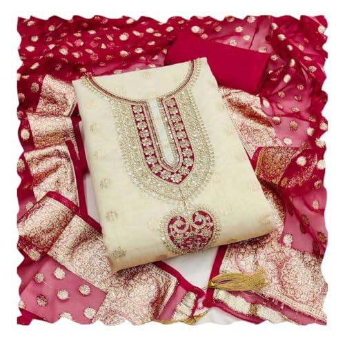 Image of HMP Fashion Womens Shimmer Butti Neck Work Unstitched Dress Material with Heavy Jacquard Dupatta Ethnic Salwar Kameez Ethnic Set