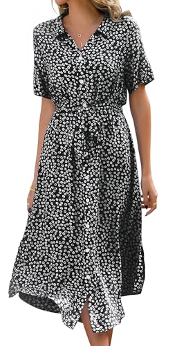 Livonmone Sommerkleid Damen Kurzarm Casual V-Ausschnitt Blumendruck Kleider Strandkleider Sexy Schlitz Midikleid Cocktailkleid Partykleid mit Gürtel...