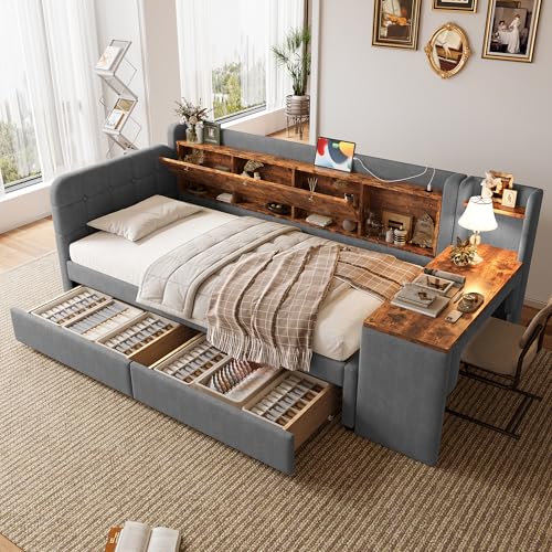 LAKFEW Schlafsofa Kinderbett 90x200 mit USB-Buchse und Schreibtisch, Schlafcouch Ausziehbar mit 2 Schubladen und Flip Top Aufbewahrungsfach, Tagesbett mit Lattenrost, Ohne Matratze, Linen, Grau