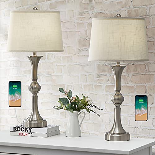 Flash Sale Oneach Table Lamps Set of 2 with USB Charging Port for Living Room 29.25” Modern Nightstand Lamp for Bedroom Bedside Table Lamp with Neutral Drum Shade Sliver