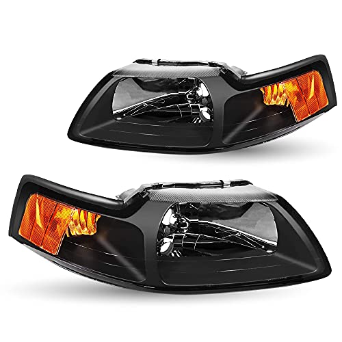 TUSDAR Upgraded Lens Headlights Assembly Fit for 1999 to 2004 Ford Mustang Halogen Headlamps Replacement Black Housing with Amber Reflector/Pair