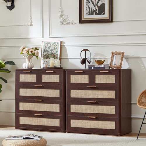 Image of LEYAOYAO Dresser for Bedroom Set of 2, 33.5 inch Tall Chest of Drawers, Modern 5 Drawers Boho Rattan Dressers with Storage, Dresser Wooden Closet Organizer for Living Room, Hallway