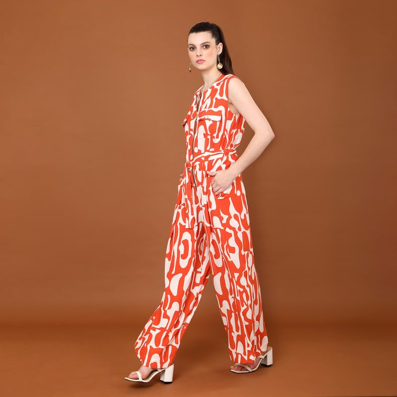 Image of TAMISKA BY NARENDRA KUMAR Jumpsuit for Women, Stylish Designer Jumpsuit for Ladies, Bold and Trendy Swirl Print,Edgy Zipper Detailing,Summery Sleevess Fit