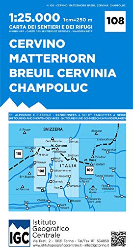 Carta n. 108 Cervino Matterhorn, Breuil Cervinia, Champoluc 1:25.000. Carta dei sentieri e dei rifugi: IGC Wanderkarte