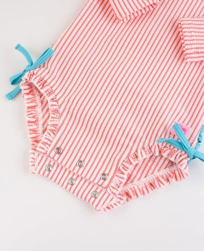 Image of RuffleButts Baby-Girls Seersucker Long Sleeve Rash Guard - One Piece Swimsuit UPF 50+ Toddler