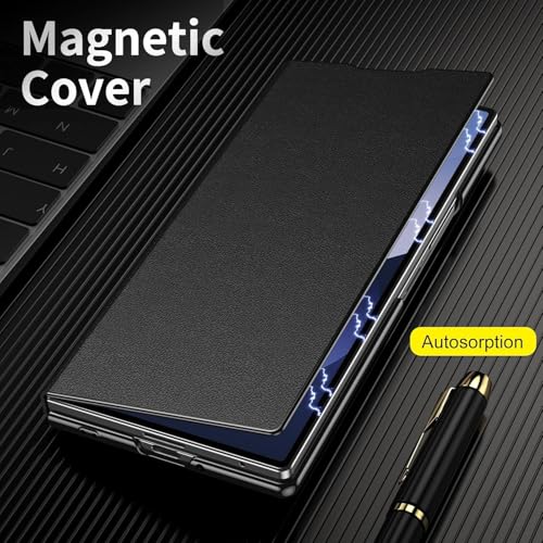 Image of TechTrendz Flip Case for Samsung Galaxy Z Fold 7 Invisible Stand Case with Magnetic Protective Soft Grip, Luxury Leather Flip Cover, Kickstand Shockproof Wallet Case for Z Fold 7 - Black