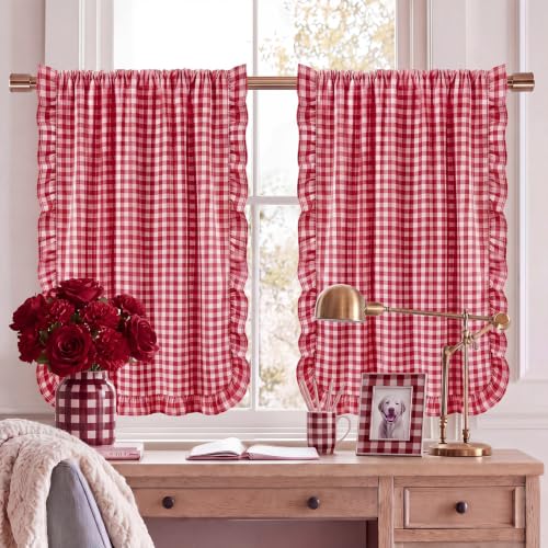 Chicplaid Red White Buffalo Plaid Ruffle Kitchen Curtain 36 Inch Long Gingham Cafe Curtains Farmhouse Rustic Crinkled Window Tiers Rod Pocket Semi Sheer Curtain for Window Bedroom Bathroom 2pcs