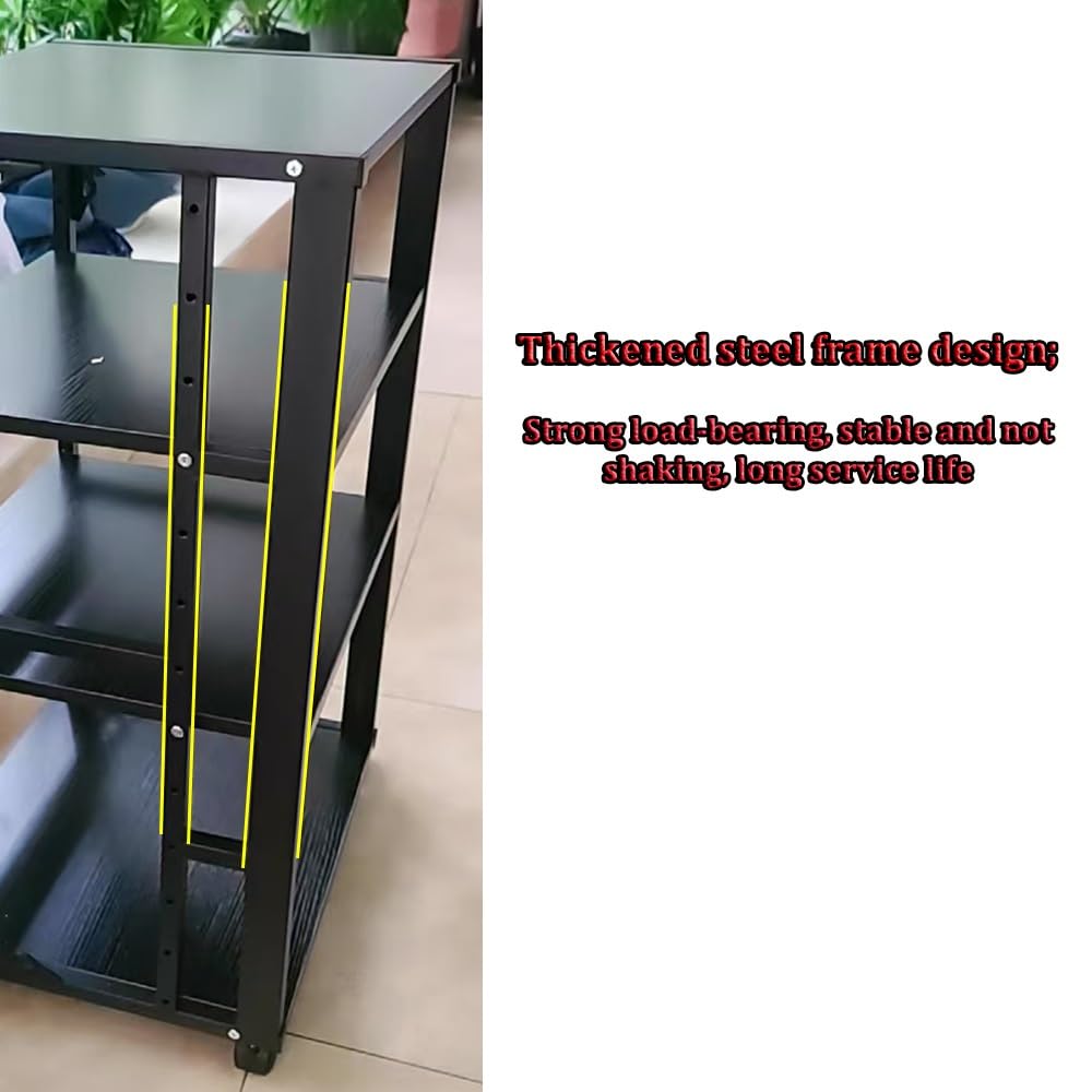 Stereofoniczna szafka pod telewizor / audio z 4 poziomami, z kółkami, wytrzymały stojak na elementy audio HiFi, kolumna stereo do wzmacniacza i konsoli głośnikowej, czarne wykończenie, idealna do
