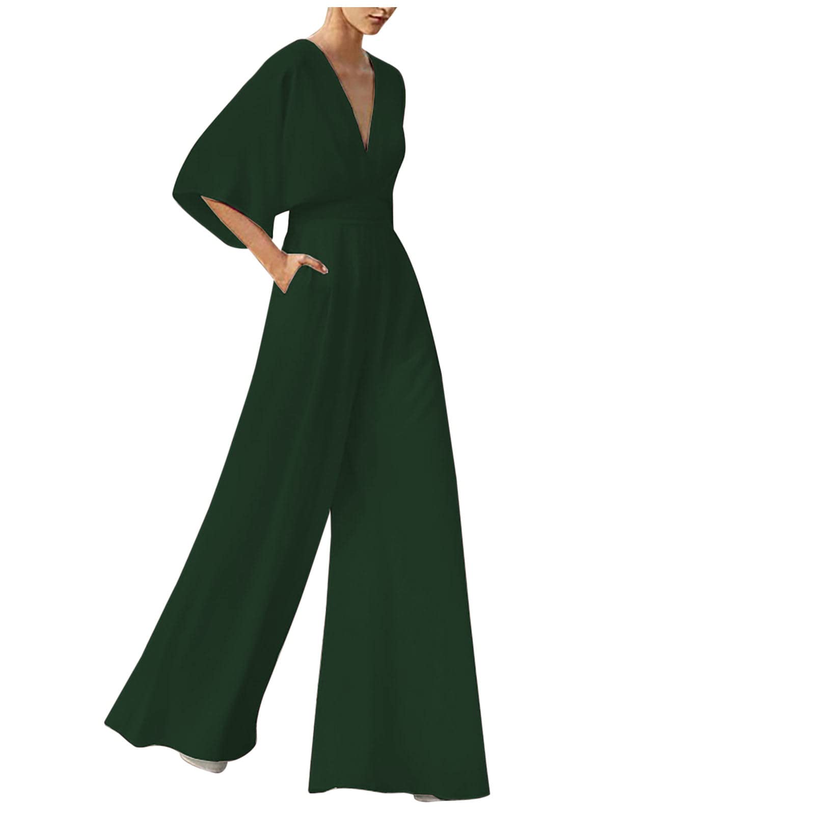 HGps8w Jumpsuits for Women Dressy Deep V Neck Flare Sleeve High Waist Elegant Formal Wide Leg Long Pants Romper with Pockets