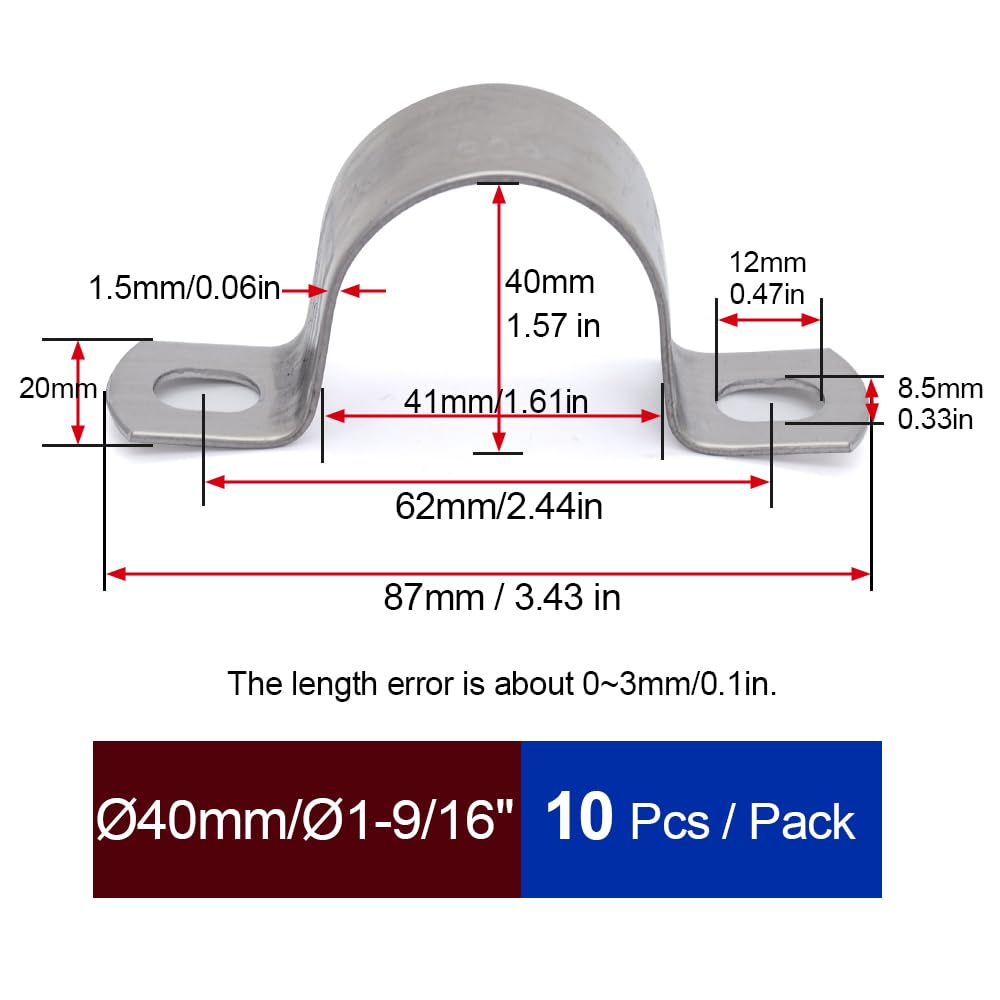 Abrazaderas Metalicas para Tubos Ø40 mm, MgcTolBox Clip para Tubo, U-Abrazadera de Acero Inoxidable para la Fijación de Tubos, Manguera o Cables - PACK 10 unidades