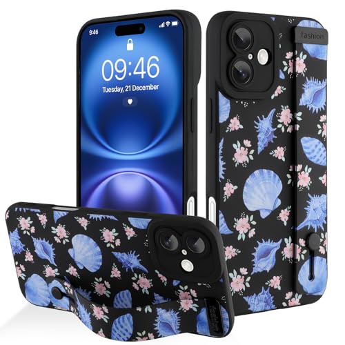 Coque pour iPhone 16 avec sangle pour femmes et filles motif conque