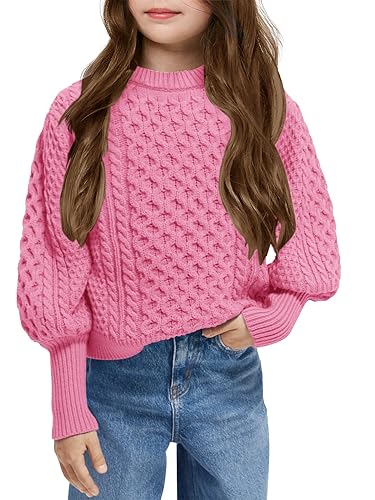 Image of rrhss Girls Cable Knit Sweaters Kids Fall Fashion Puff Sleeve Ribbed Cuffs Crewneck Clothes 5-14 Years