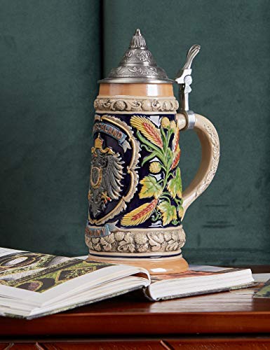 HAUCOZE Beer Stein German Beer Stein Ceramic Beer Mug Handmade Cup Tankard Petwer Lid Germany Coats of Arms Relief Gifts Souvenirs Giftbox 0.6 Liter - Thumbnail 2
