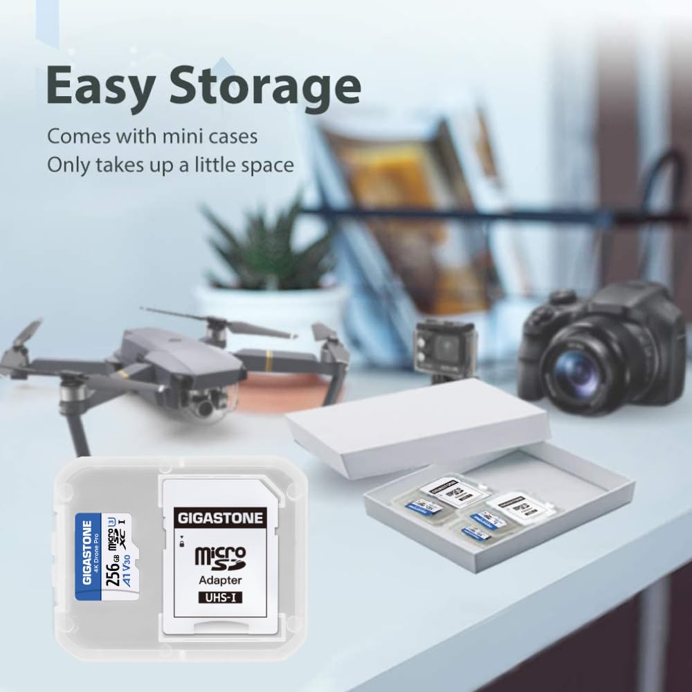GIGASTONE Carte Micro SD 256 Go, 4K Drone Pro, MicroSDXC pour Wyze Cam, Caméra de Sécurité, Drone DJI ou Caméra d’Action, Enregistrement Vidéo 4K, UHS-I U3 A1 V30, 100 Mo/s, avec Adaptateur