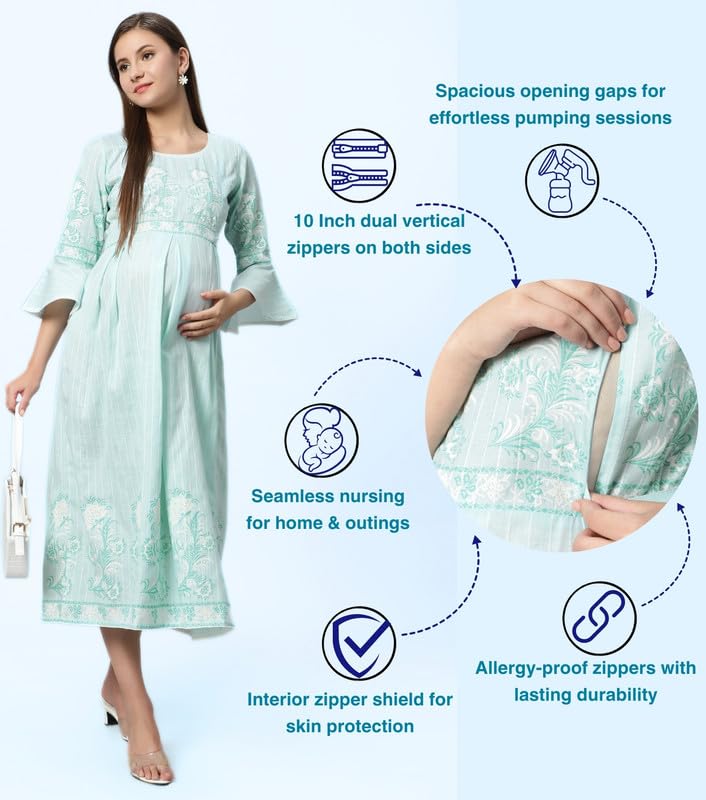 Image of DUMMY SHAPE Feeding Nighty | Maternity Dresses for Women Cotton Blend | Floral Pink Anarkali Kurta with Dual Nursing Zippers for Pregnancy & Breastfeeding | Gifts for Pregnant Women (