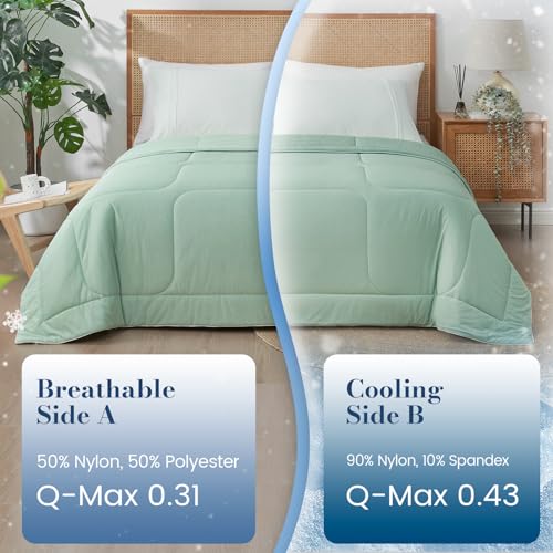 Amélie Home Cooling Comforter King Size, Dual-Sided Lightweight Cooling Blanket for Hot Sleepers, Q-Max 0.43 Breathable Cooling Quilt for Night Sweats, 106" x 90", Heather Mint Green