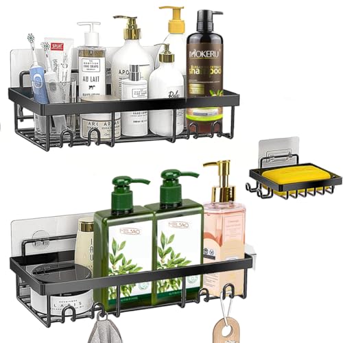 Yooixoo Shower Caddy Bathroom Storage Accessory Shelf Organiser No Drilling Shower Organiser 3 Pack Shower Shelves with 2 PCS Bathroom Shelves 1 Soap Toothbrush Holder Shower Rack (black)