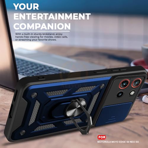 Image of Armor Bumper Back Cover Case for Motorola Moto Edge 50 Neo 5G | Rotating Camera Cover, Ring Holder & Kickstand | Heavy Duty & 360 Degree Protection Back Cover (Blue)