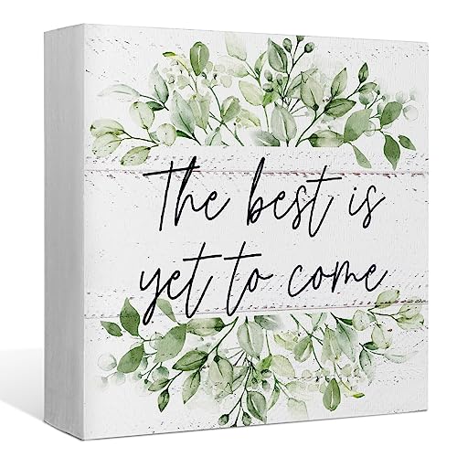 The Best is Yet to Come Eucalyptus Leaf Wood Box Sign Desk Decor,Rustic Positive Wooden Block Sign Decorations for Home Bedroom Office Wall Tabletop Shelf Decor