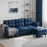 Yaheetech Fabric Sectional Sofa with Ottoman, L-shaped Sofa Couch with Side Pockets or Small Spaces, Reversible 3-Seater Chaise Lounge for Living Room, Home Office, Velvet Fabric, Blue - Image 4