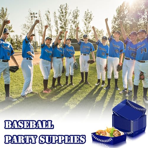 Image of Teling 36 Pcs Large Baseball Plates Party Trays 5 Lb Food Boat,Blue | Paper Plates with Baseball Designs, Holds Nachos Burgers Fries, For Softball Birthday Party Supplies, Serving Snack Boats