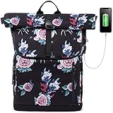 LOVEVOOK Rucksack Damen mit 17,3 Zoll Laptopfach, Wasserdichte Rolltop Rucksack Laptop Rucksäcke Groß mit USB Ladeanschluss für Schule Uni Studenten Reise Rose Muster