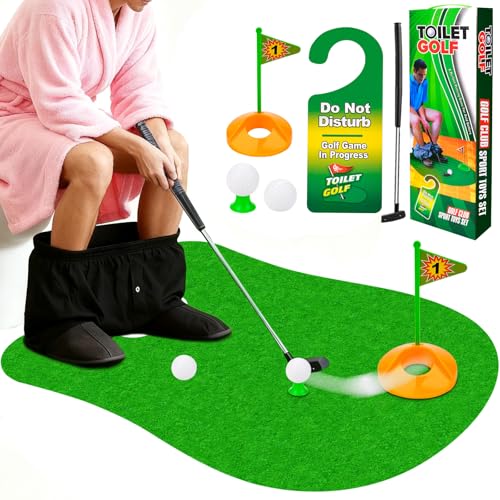 Pipihome Golf Toilette, Mini Golf Toilette Accessoire Set à la Maison, Mini Cadeau Rigolo Homme pour la Salle de Bain, avec Club de Golf 65 cm, Tapis Golf et Balle de...