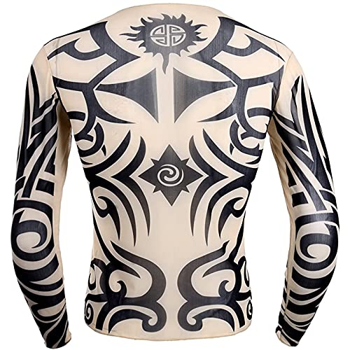 DRHOM Men's Fake Tattoo T Shirt Tribal Inspired Print Elastic Long Sleeve Muscle Tops Undershirt3