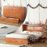 PUREMIND Murphy Bed Queen with Mattress Included - Solid Wood Hideaway Cabinet Bed with 2 Storage Drawers, USB Charging Ports & Headboard - Space-Saving Chest Beds for Home, Guest Room, Cherry