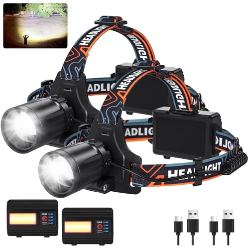 Rechargeable Headlamp Super Bright LED Head Lamp, 2Pack 99000 Lumens Headlamps with 7 Modes, 90° Adjustable Focus Headlight for Forehead Hard Hat Waterproof for Camping Hunting Hiking