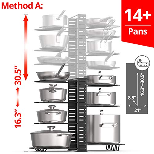 Vdomus Expandable Pot Organizer Rack For Under Cabinet With 4 Diy Storage Positions, Length Adjustable Pan Rack For Kitchen Counter, Pot And Pan Organizer Up To 13 Pans Or Pot &Lids, Black Metal #TOP2