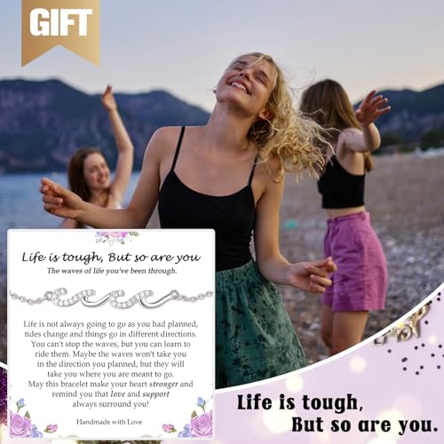 Image of Gifts for Women Christmas Birthday, Silver Wave Bracelets for Woman Mom Wife Grandma Daughter Granddaughter Friend Sister, The Waves of Life We've Through Together Mothers Day Graduation Gift