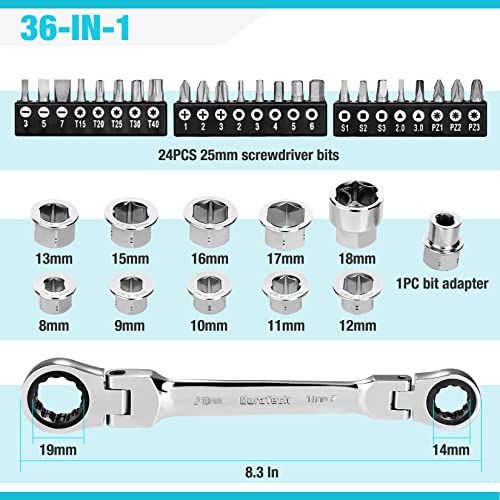 Duratech 12-In-1 Flex-Head Ratcheting Wrench Set & 24-In-1 Screwdriver Set, Double Box End Wrench 8-19Mm, 1/4" Drive Adapter With 24Pcs Driver Bits, Cr-V Steel, With Tool Box #TOP1