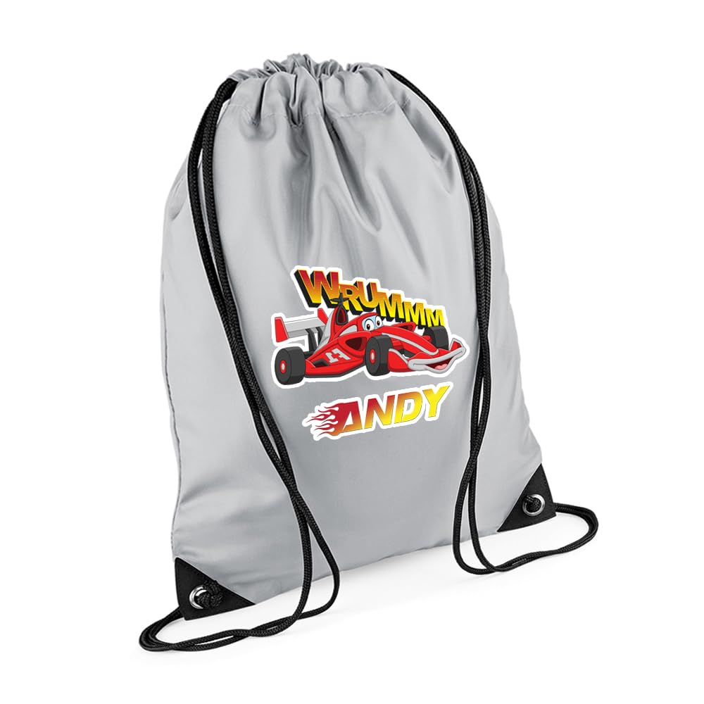 Personalised Kids Cars Backpack, Sport Car Bag Gift For Children's, Back To School, Drawstring Bag, PE Gym Kit Swimming, Sport Rucksack. (Light Grey)