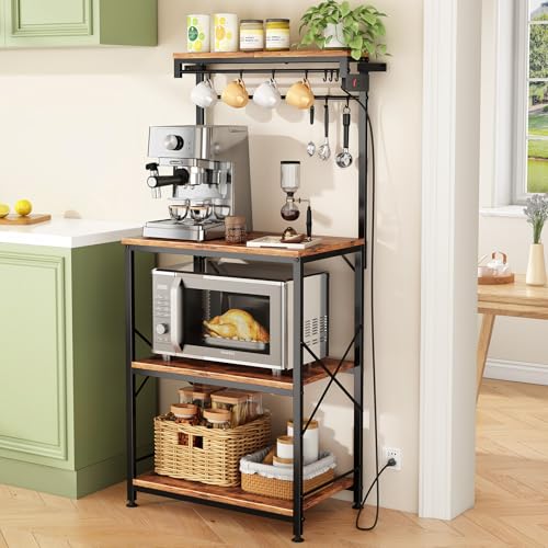 Kitchen Bakers Rack with Power Outlet 10 Hooks, 4 Tiers Coffee Bar Station Cabinet, Microwave Stand with Storage (Rustic Brown, 21.7 x 14.2 x 49.6 Inch)