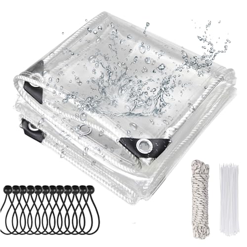 Telo Trasparente Occhiellato, Telo Impermeabile Esterno In PVC 420 G/M Tenda Trasparente Esterno Telone Impermeabile Per Esterno Multiuso Con Corda Da 10 M, Fascetta, Corda Elastica