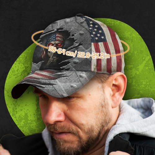 Image of Skull Baseball Cap for Men, Grim Reaper Death Crack Old Metal with Flag, Men's Hat, Adjustable Motorcycle Soft Caps