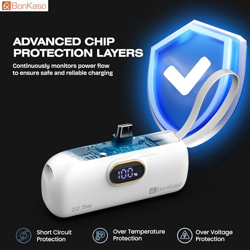 Image of BonKaso 5000mAh Mini Power Bank 22.5W PD Fast Charging, USB-C Type-C Input /Output, Built-in i5 Cable, Digital LED Display, Compact Pocket Portable Charger for iPhone & Android - White