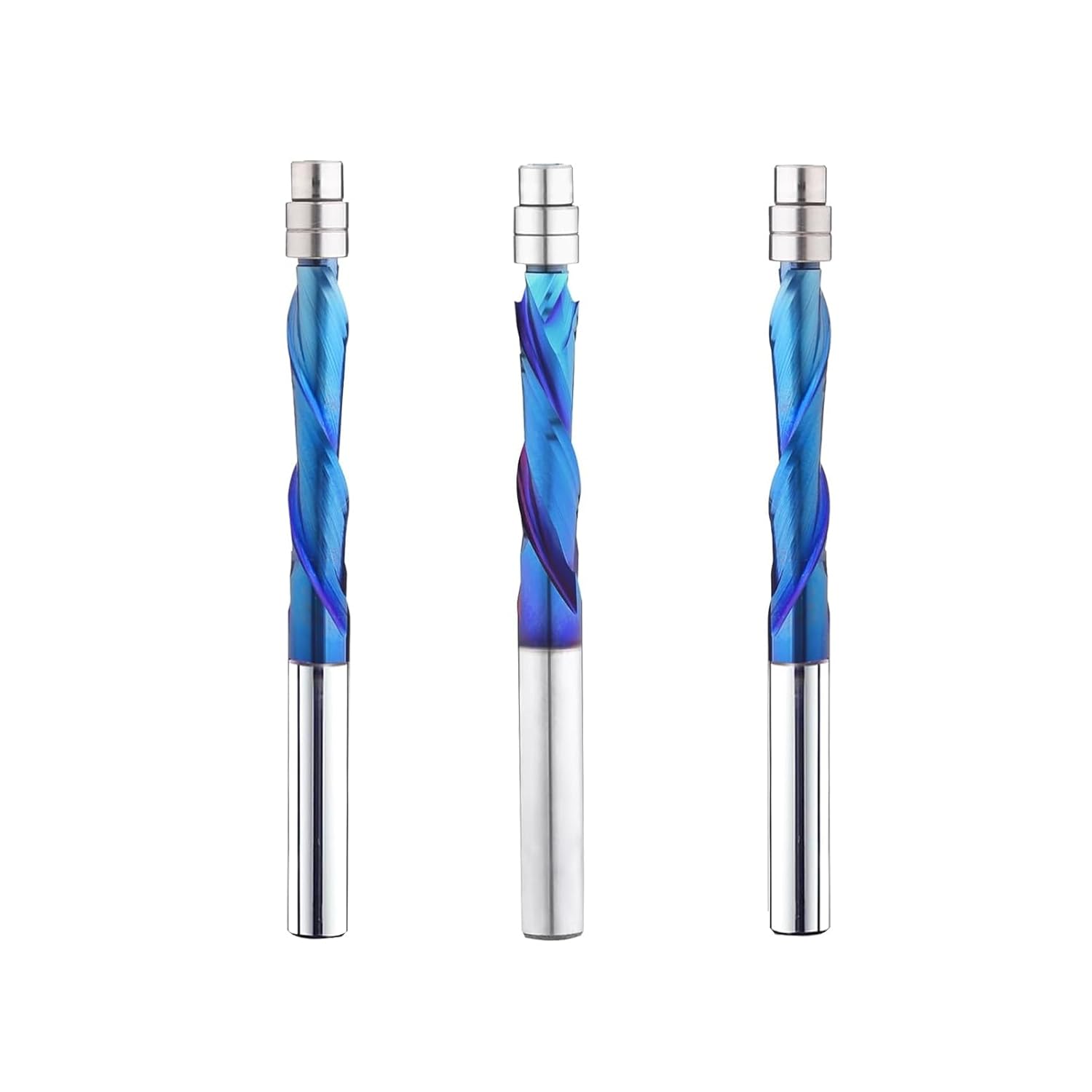 3PCS Spiral Flush Trim Router Bit Set 1/4 Inch Shank Spiral Router Bits with Nano Coated Up and Down Compression Cut Template Pattern Router Bit for Woodwork Trimming BRD313C