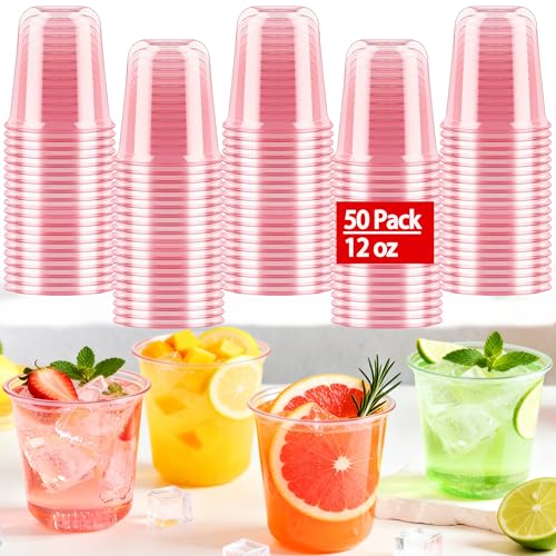 50 Pcs Pink Plastic Cups Disposable - 12 oz Stemless Wine Glasses Pink Party Cups Cocktail Clear Drinking Cute Glasses for Graduation Birthdays Valentines Day Galentines Baby Showers Wedding