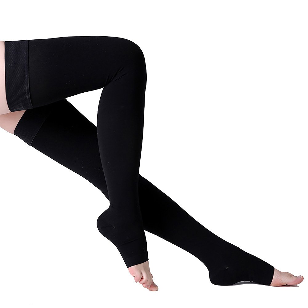 MGANGThigh High Compression Stockings, Open Toe, Pair, Firm Support 20-30mmHg Gradient Compression Socks with Silicone Band, Unisex, Opaque, Best for Spider & Varicose Veins, Edema, Swelling, Black XL