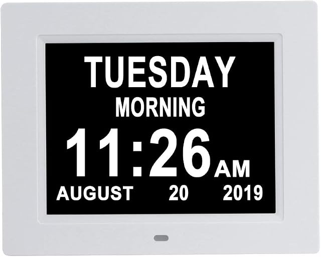 Aowasi [Auto-Dimming Options Digital Day Calendar Clock Non-Abbreviations with Large Date Time 8 Alarm Options Battery Backup Dementia Alzheimer Clocks for Seniors Impaired Vision Memory Loss Elderly