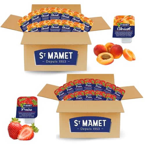 ST MAMET | 120 Barquettes de Confiture de Fraise & Abricot | Doses individuelles de 25g pour Petit-Déjeuner, Hôtellerie, Camping et Pique-Nique - Format...