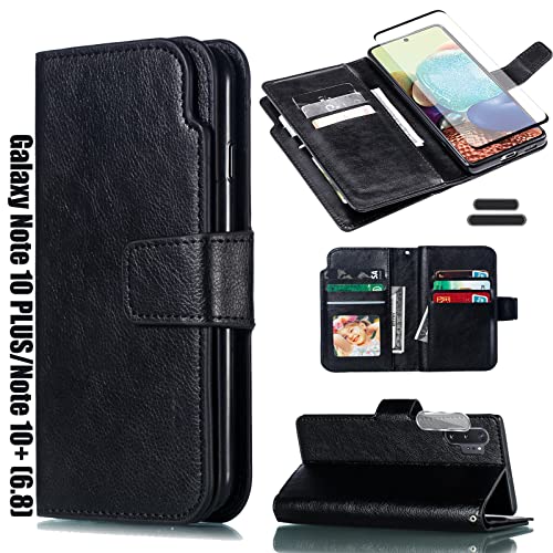 LMDAMZ for Galaxy Note 10 Plus/Note10+ 6.8 Inch Wallet Case [3+ Card Slots] ID Business Card Credit Card Slot Carry Pouch with Stand Double Sided Multi-Card Slot Folding PU Wallet Leather Case (Black)
