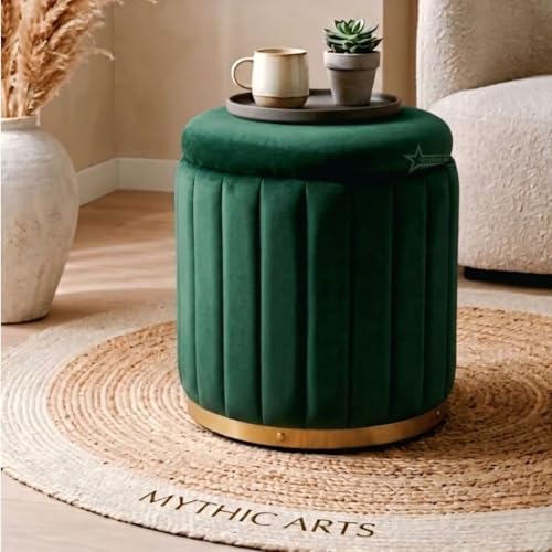 Image of Superior Round Storage Ottoman Stool 13 X 13X 16 inch, with Gold Metal Base | Elegant Pouffe with Secret Storage | Cushioned Footrest for Living Room, Bedroom, and Lounge Dark Green